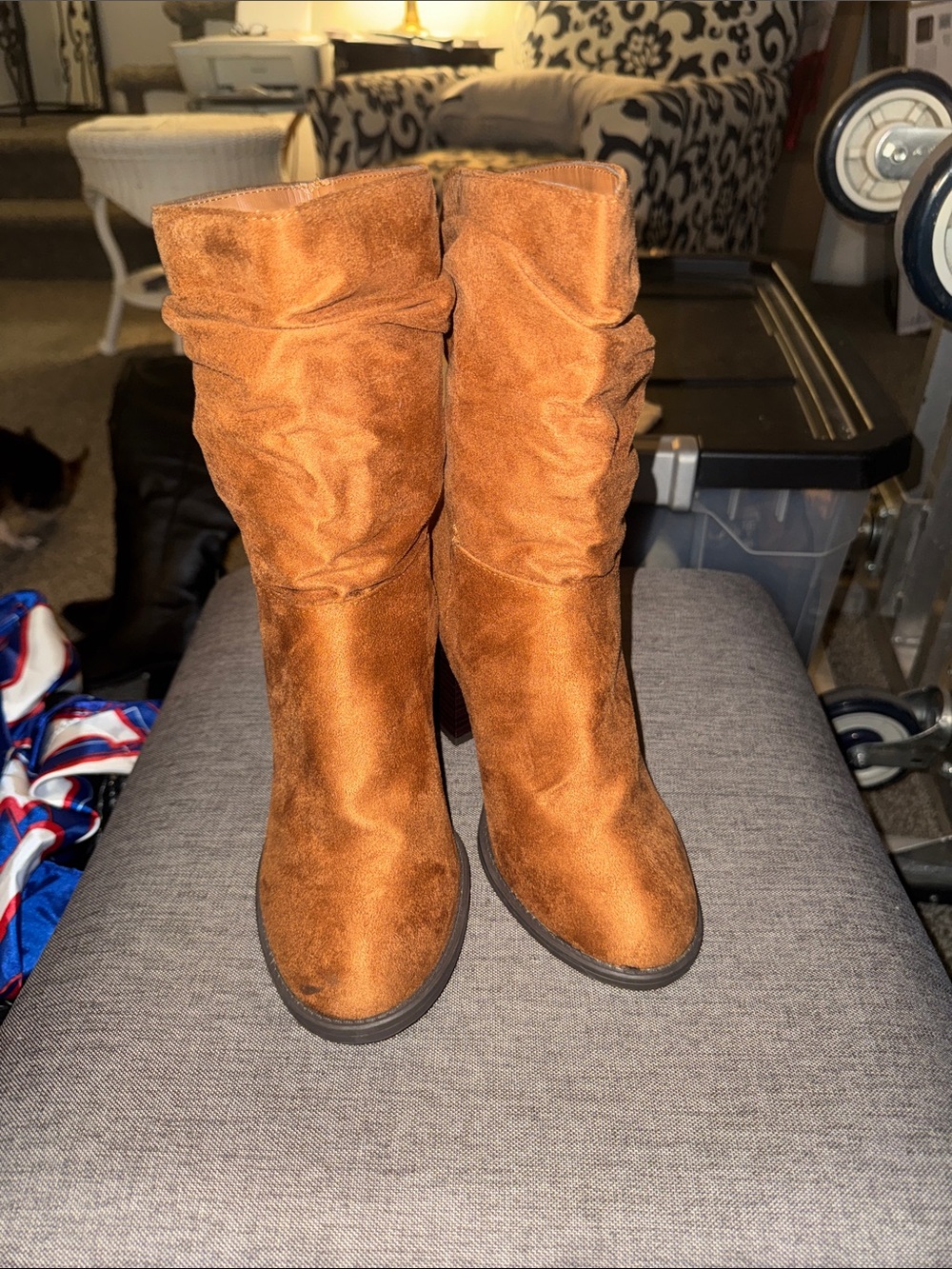 BAMBOO Slouchy Mid-Calf Heeled Boots in Chestnut Brown Suede